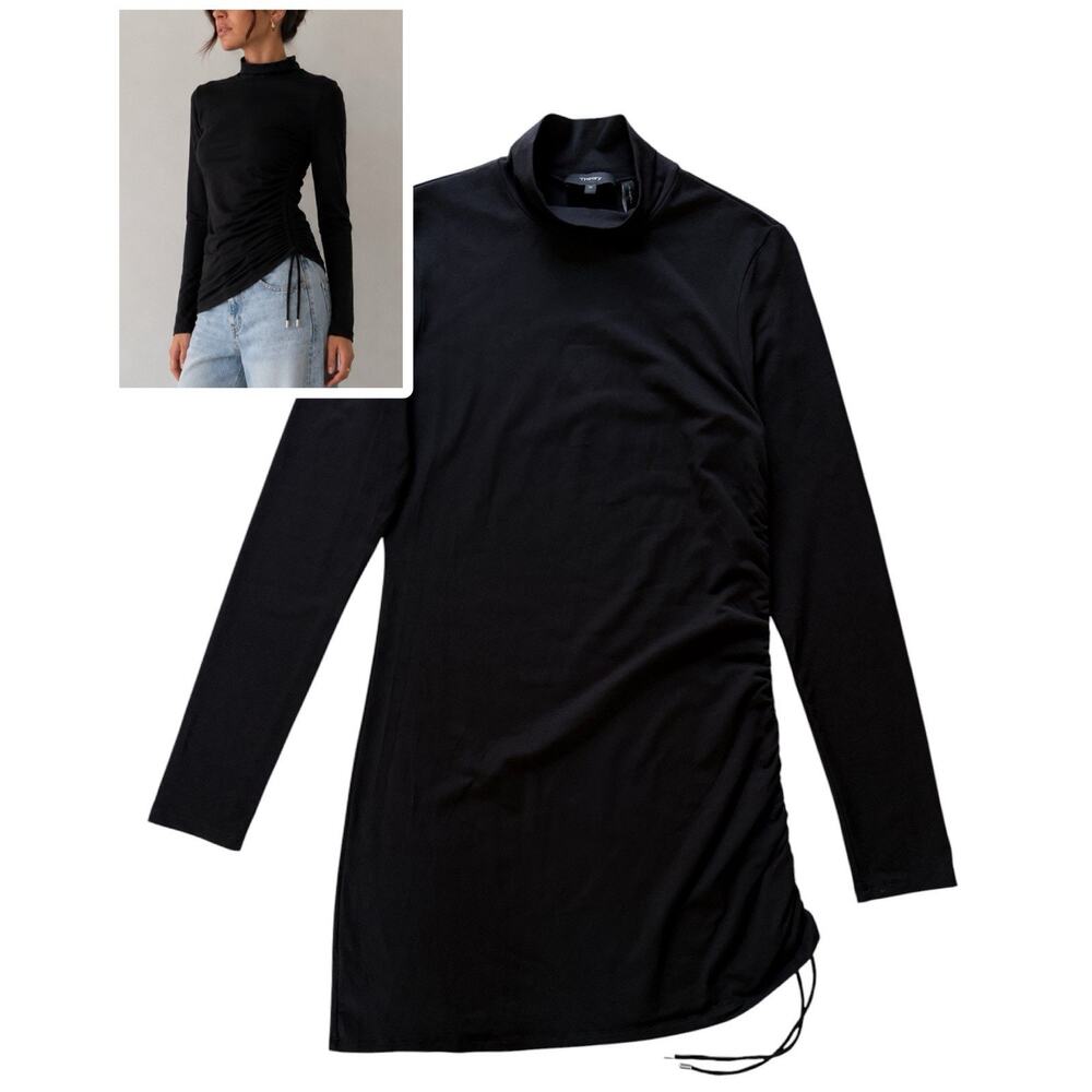 Theory Ranmire Mock Neck Fitted Ruched Asymmetric Hem Side Tie Stretch Black M